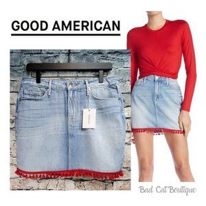 Good American Light Blue Denim Mini Skirt with Red Trim